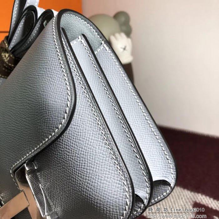 HERMES愛馬仕 空姐包 constance 亞麻藍 EPSOM 18cm 銀扣 蠟線縫製 單肩斜挎包  Ama1512